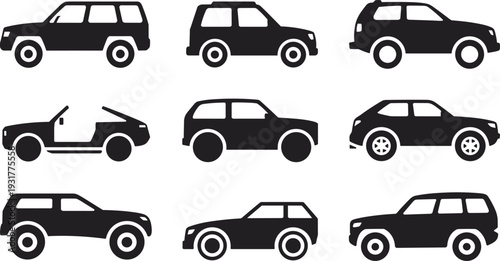 Set of car silhouette icons featuring various vehicle types including SUV, hatchback, sedan, and crossover, minimal black transport symbols for automotive design and mobility concepts