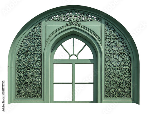 Ornate arched green window with intricate metalwork