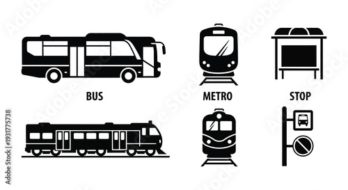 Black and white icons depicting a bus metro train and stop signs presented in a striking silhouette high quality professional detailed
