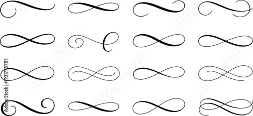 Set of 16 elegant black calligraphic flourishes and swashes vector for design elements