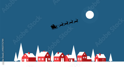 Santa Claus sleigh in night sky over snowy red houses in cartoon style with full moon for christmas greeting card