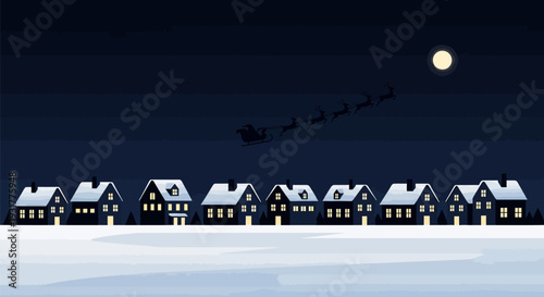 Christmas houses with Santas sleigh in night sky with full moon in dark blue illustration for holiday greeting card