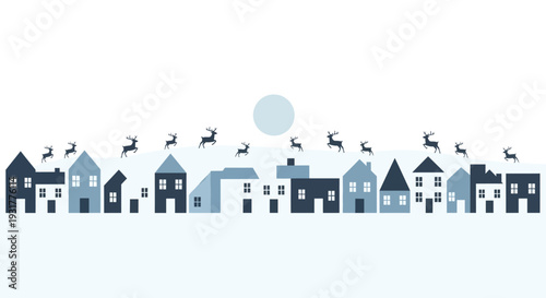 Winter village with reindeer in minimalist style with blue color palette on white background for greeting card