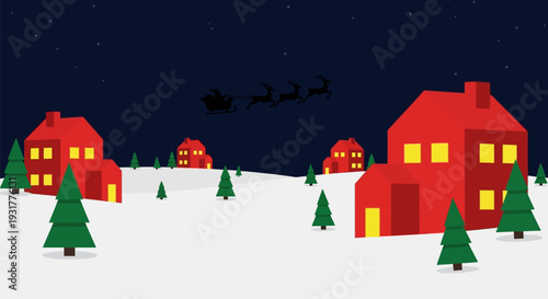 Christmas houses with Santas sleigh in snowy landscape with cartoon style and dark blue night sky for holiday greeting cards