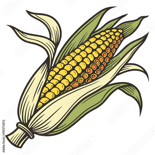 Closeup of maize cob with bright yellow kernels and rusty red spots