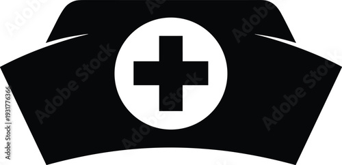 Nurse Hat Silhouette Vector Icon with Medical Cross Symbol Isolated on White Background for Healthcare Clinic Branding Hospital Signage and Professional Nursing Uniform Illustration