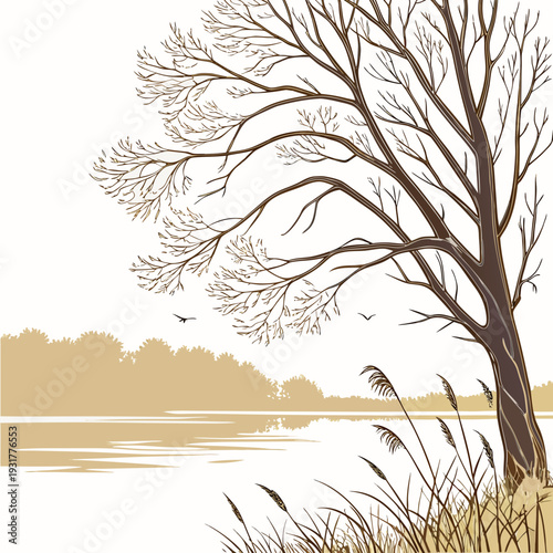 Frozen lakeside with delicate frost sparkle and tree