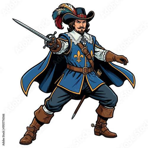 Brave Musketeer Fencing with Rapier Sword Illustration