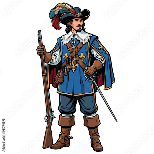 Musketeer Guard with Musket and Rapier Sword Standing 