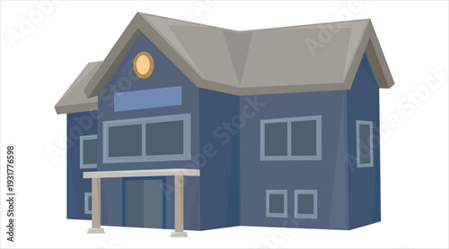 Illustration of a blue house with gray roof and porch