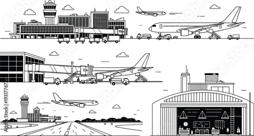 Airport operations silhouette illustration, airplane terminal, runway activity, aircraft hangar, control tower