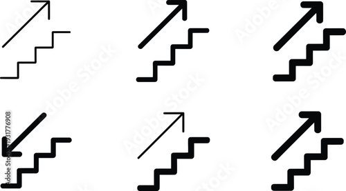 Staircase icons with directional arrows in simple line art and bold stroke for growth and progress illustration