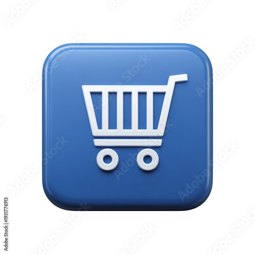 Blue square button with white shopping cart icon for online store transparent background