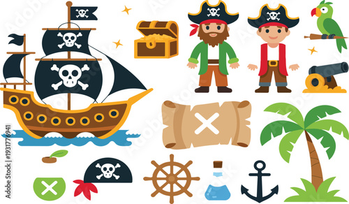 Fun Pirate Adventure Vector Set Featuring Sailing Ship, Treasure Chest, Map, Pirates, Parrot and Nautical Fantasy Elements