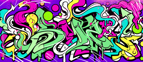 Abstract graffiti background with vibrant colors, dynamic flowing waves, bubbles and arrows shapes. Graffiti vector urban theme for prints, banners, and textiles
