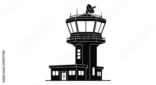 A stark black silhouette of an air traffic control tower complete with radar stands against a white backdrop silhouette