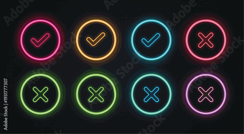 Neon Check and X Icons Set – Glowing Circular UI Symbols for Approval and Rejection