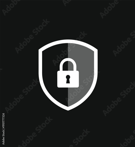 Security shield with padlock icon vector illustration on black background for data protection, cyber safety, privacy insurance, internet firewall, and digital information encryption.