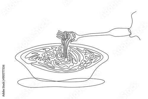 Continuous one line drawing of fork lifting noodles from a bowl, minimalist black outline. Simple food concept in cartoon doodle style, editable stroke vector.