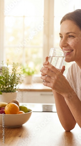 A radiant woman sips from a...
