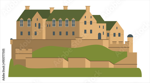 Illustration of a large historic castle with green roof and walls
