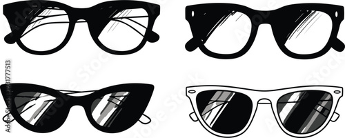 Set of black and white hand drawn vector eyeglasses and sunglasses silhouettes including cat eye and classic frames isolated on white background for design.
