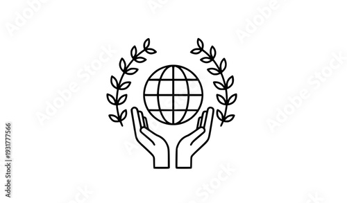 Hands holding planet Earth with green leaves eco sustainability concept flat vector illustration isolated on transparent background