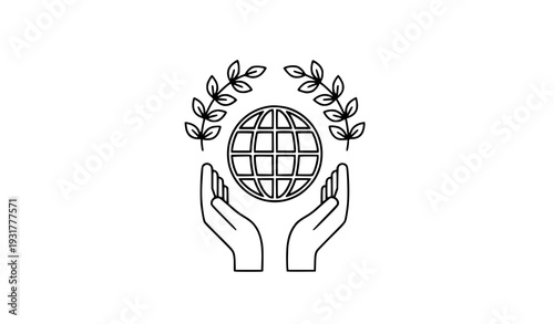 Minimalist line art icon of hands holding globe with leaf wreath environmental protection symbol isolated on transparent background
