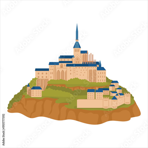 Illustration of a medieval castle on a hilltop with blue roofs