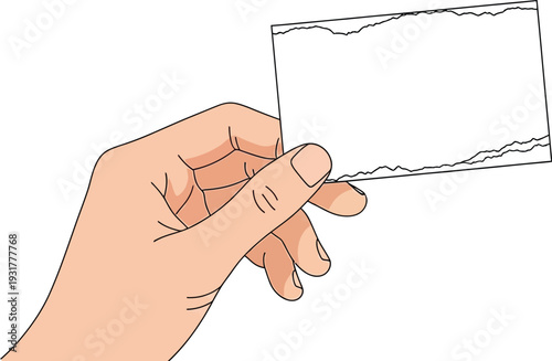 Hand holding a torn paper fragment in illustration style from a side close-up view