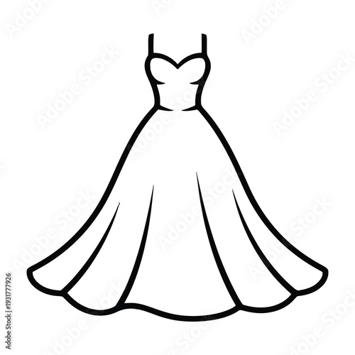 Elegant white bridal gown with flowing skirt and sweetheart neckline illustrated in minimalist black and white sketch style