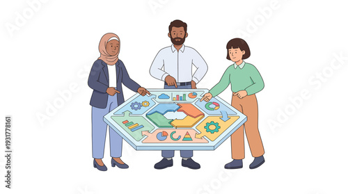 Three diverse professionals interact with a futuristic hexagonal digital interface displaying various charts and data visualizations.