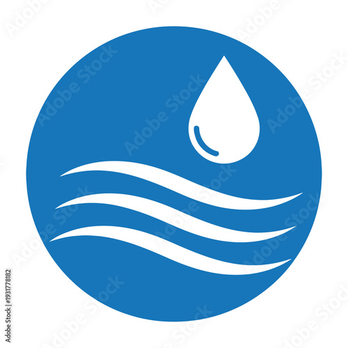 Water droplet symbol and wave illustration on a blue circular background minimalist design clean lines simple water elements isolated symbol for environmental themes