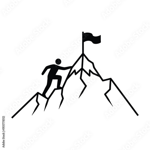 Silhouette of climber reaching summit of mountain peak with flag planted at top symbolizing achievement