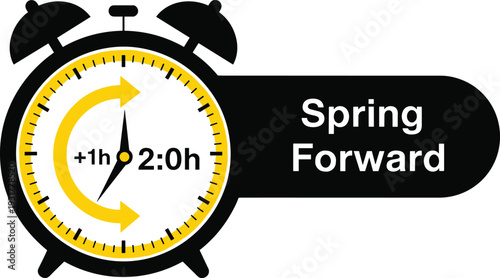 Spring Forward Daylight Saving Time Concept with Black Alarm Clock Silhouette and Yellow Arrow Indicating One Hour Change Plus 2:00h Time Adjustment for Seasonal Calendar Planning