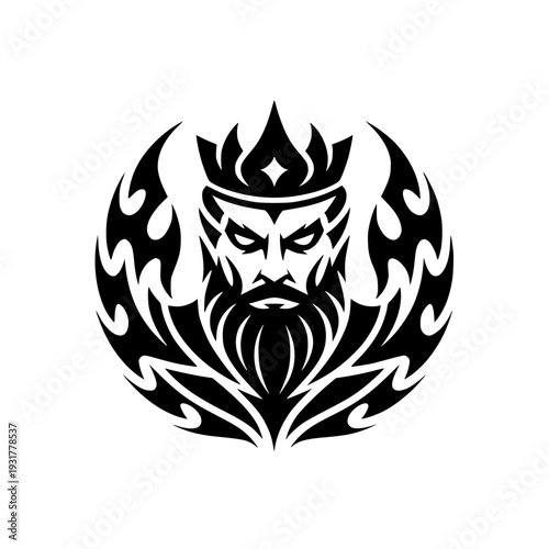 Stunning black and white illustration of bearded man with flames