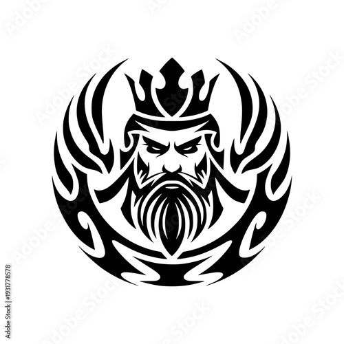Majestic bearded warrior emblem with crown and flames