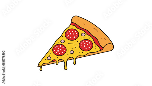 Delicious slice of pepperoni pizza with melting yellow cheese and various toppings isolated on a white background.