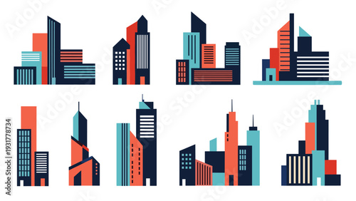 Set of simplified city skyscraper silhouettes in a modern color palette of red blue and dark grey for urban design.