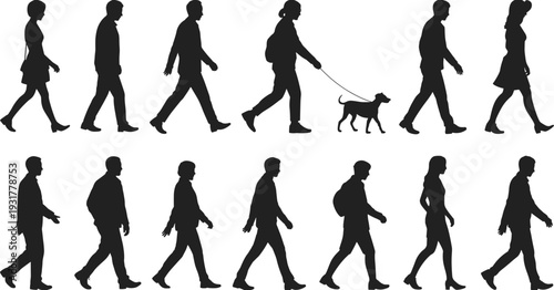 Walking people silhouette icon set, vector pedestrian poses collection, men women with bags dog, diverse walking styles, editable black graphics