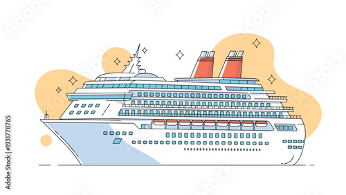 Large luxury cruise ship sailing on the sea with decorative yellow circles and sparkles in a clean vector style.