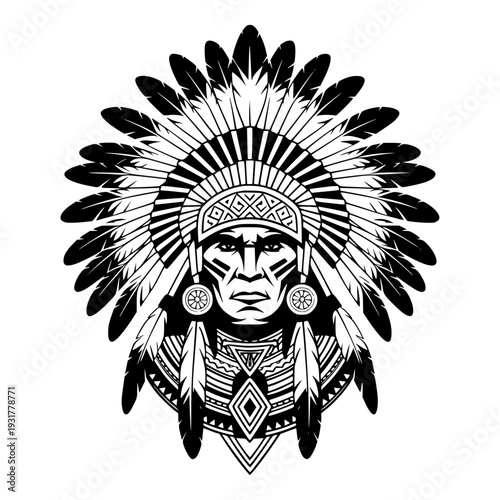 Native American warrior with traditional headdress and tribal face paint