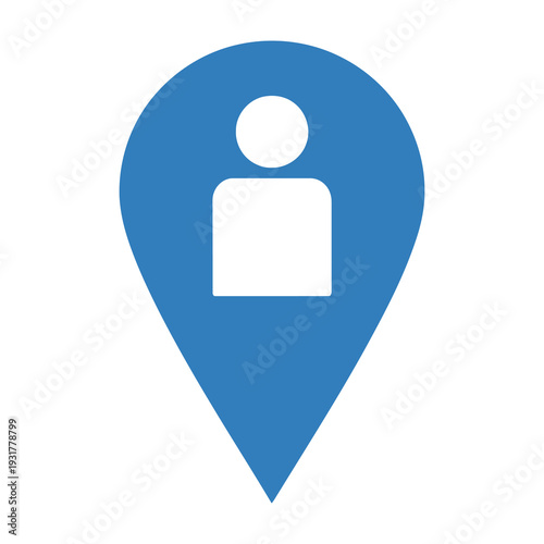 Blue location pin icon with a minimalist human figure symbolizing travel navigation and user geolocation services