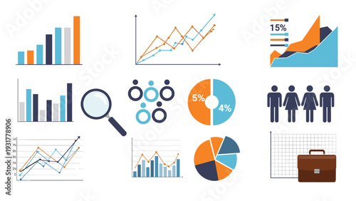 Comprehensive set of business infographic elements including bar charts line graphs pie charts and search icons.