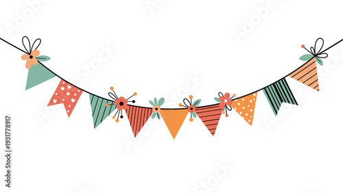 Colorful party bunting banner with various patterns and floral decorations for festive celebrations and events.