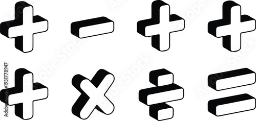3D Isometric Vector Pack of Math Symbols Featuring Plus Minus Multiply Divide and Equals Operations Illustration