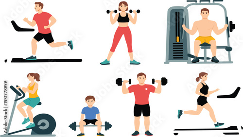 Gym Workout and Fitness Training Vector Set Featuring Treadmill, Weightlifting, Cycling and Strength Exercises