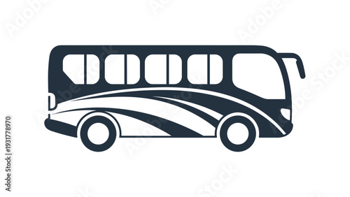 Dark blue silhouette of a modern passenger bus with decorative wave patterns on the side used for travel themes.