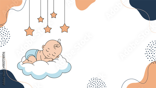 Sweet baby sleeping peacefully on a fluffy white cloud with hanging stars in a cute nursery illustration style.