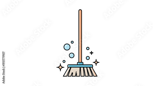Cleaning broom illustration with blue soap bubbles and golden sparkles representing a very clean and tidy home.